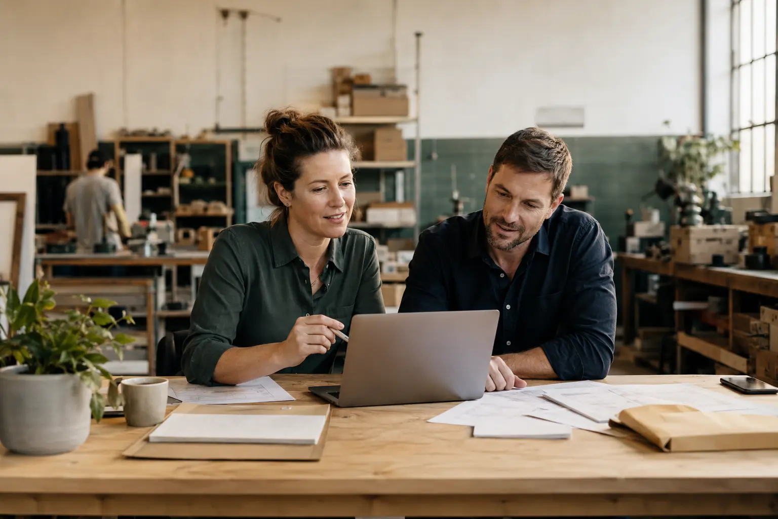 Australian small-business owner and adviser discussing a business finance plan